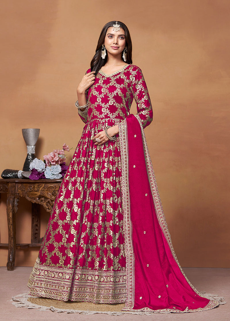 Monjolika Fashion Crimson Color Embroidered Santoon Silk Salwar Suit - Distacart