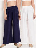 TAG 7 Women Pack Of 2 White & Navy Blue Solid Flared Palazzos