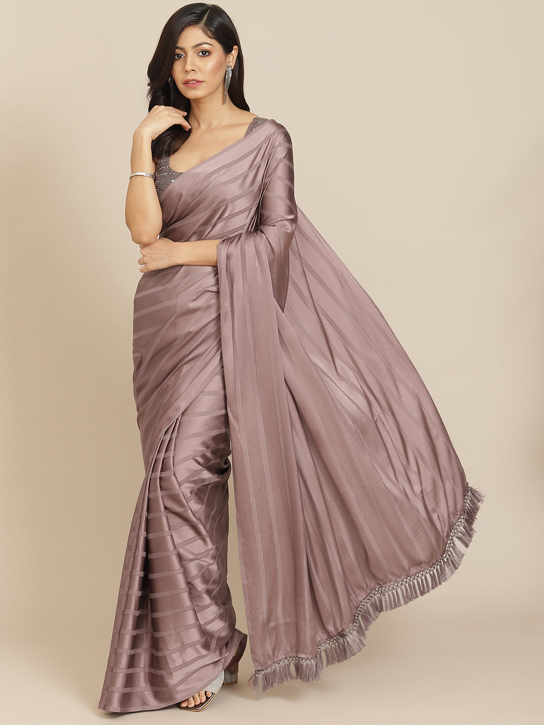 Tikhi Imli Gunmetal-Toned Striped Saree - Distacart
