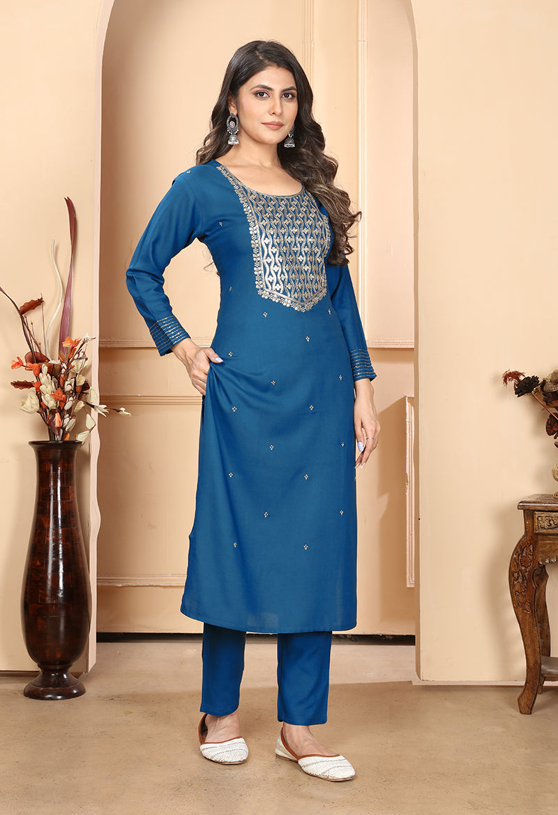 Monjolika Fashion Dark Blue Colour Rayon Embroidered Designer Long Kurti - Distacart