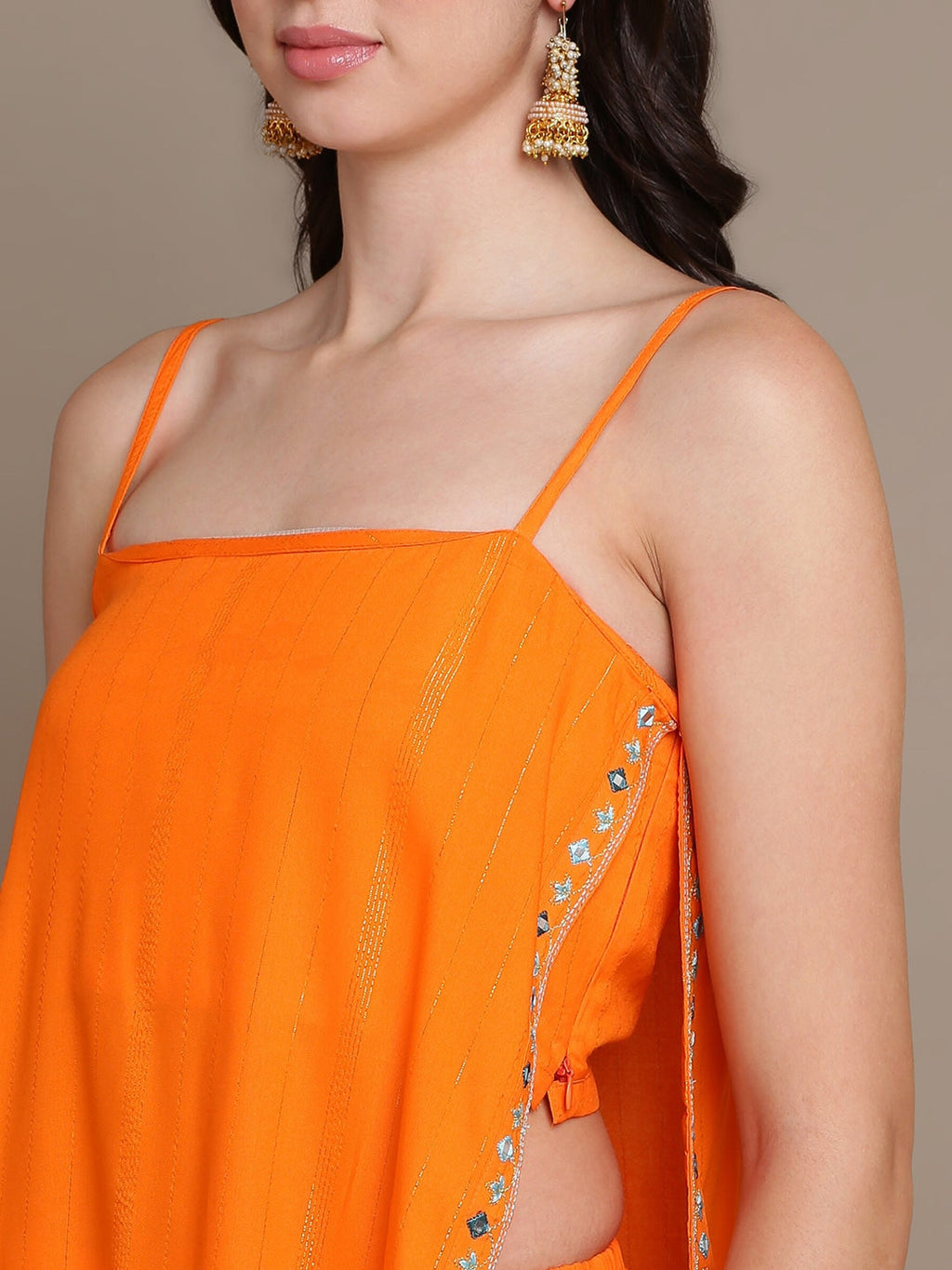 HERE&NOW Striped Mirror Work High Slit Kurta with Palazzos