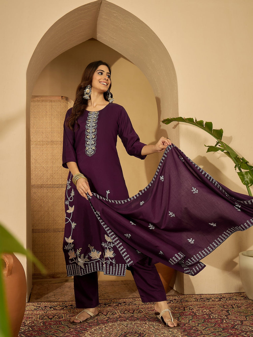 Joban Fashion Purple Silk Embroidery Readymade Kurta Set - Distacart