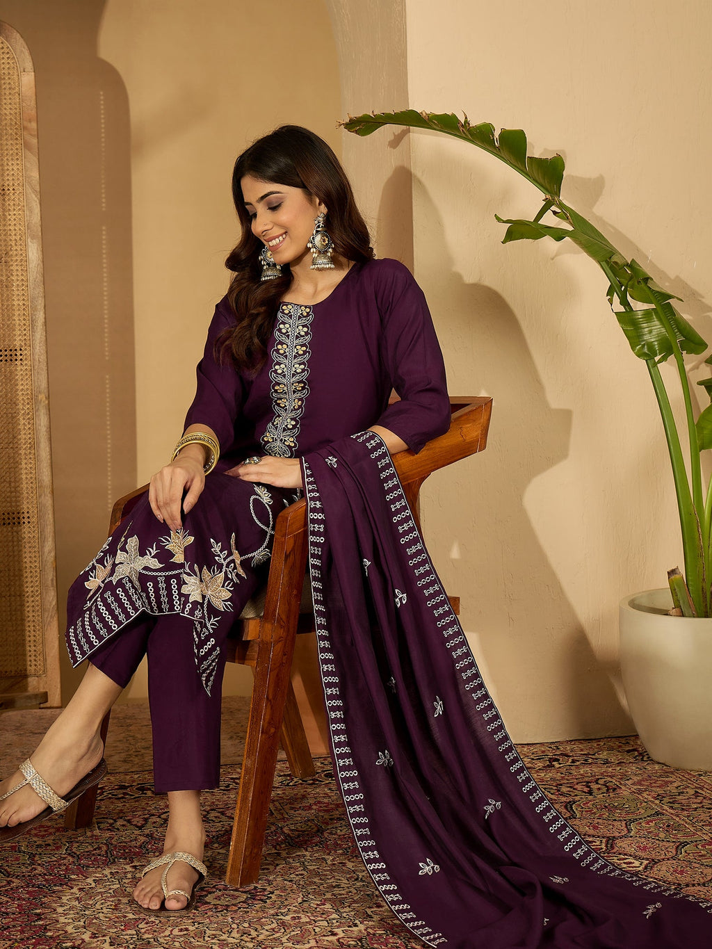 Joban Fashion Purple Silk Embroidery Readymade Kurta Set - Distacart