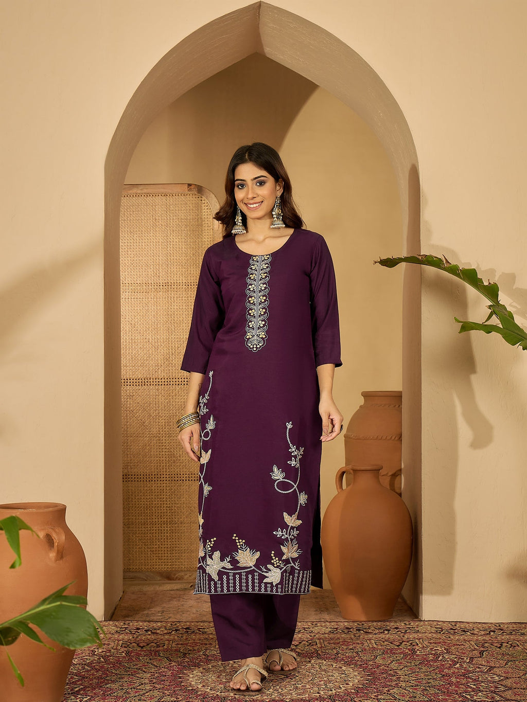 Joban Fashion Purple Silk Embroidery Readymade Kurta Set - Distacart