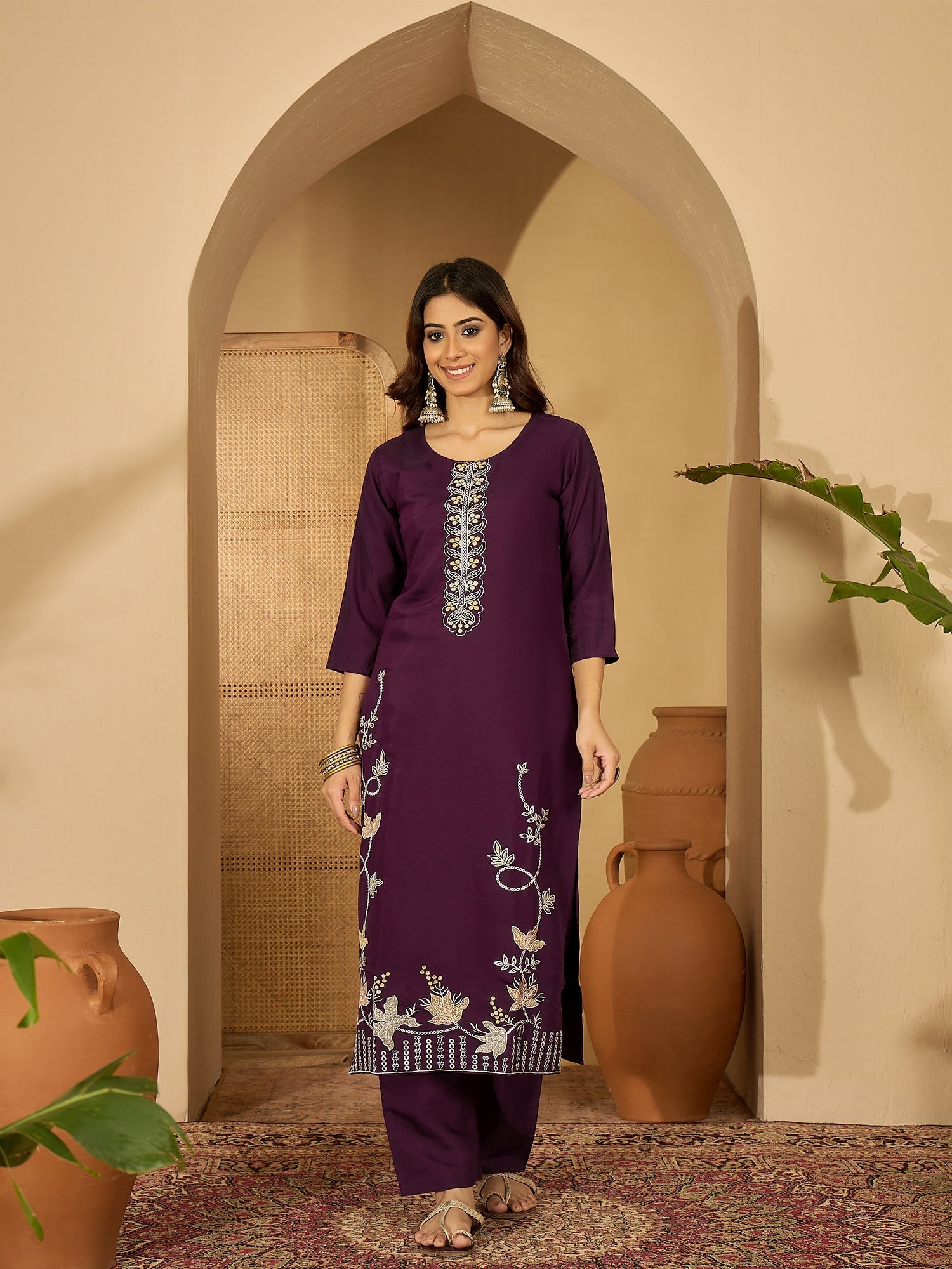 Joban Fashion Purple Silk Embroidery Readymade Kurta Set - Distacart