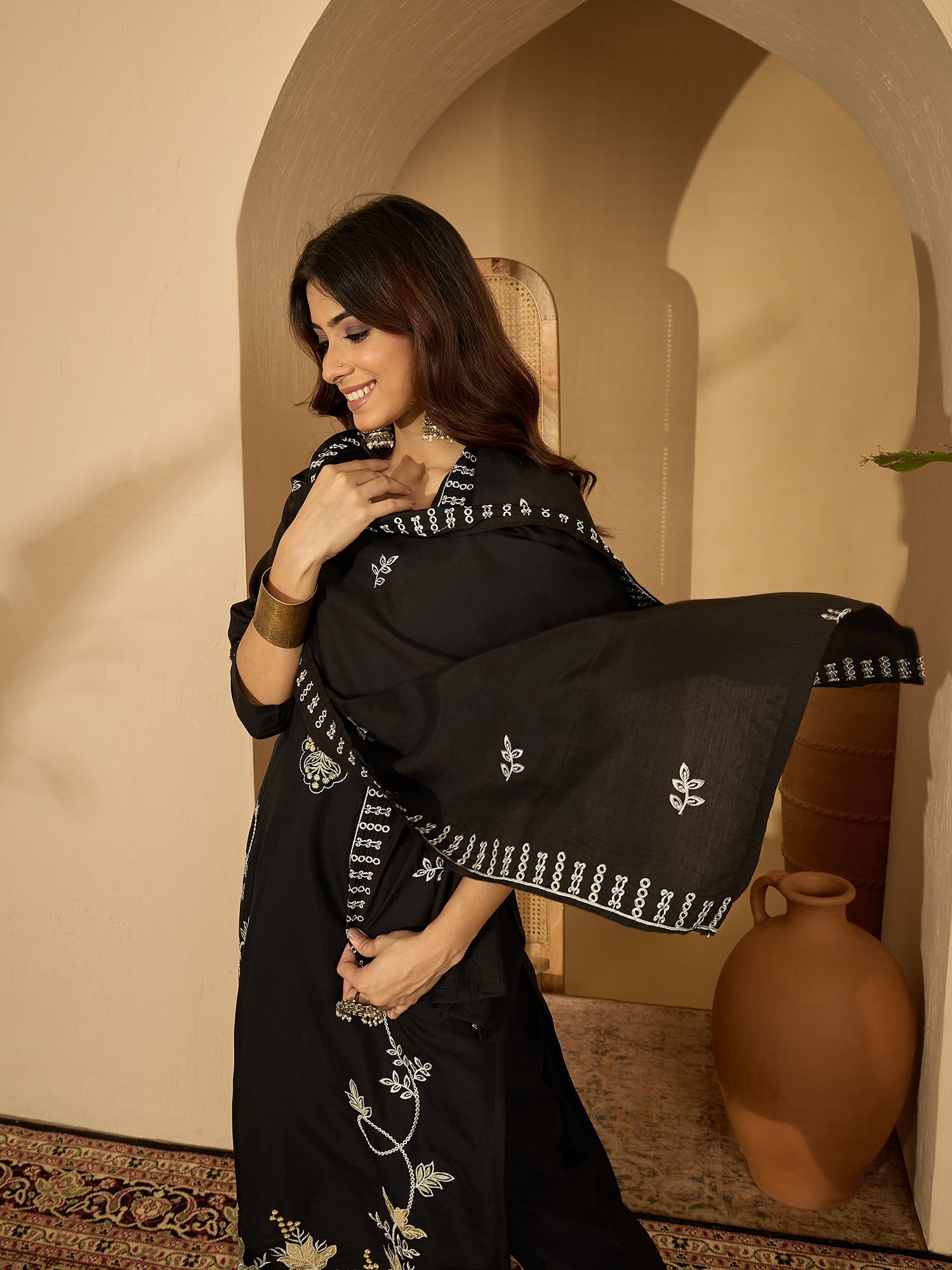 Joban Fashion Black Silk Embroidery Readymade Kurta Set - Distacart