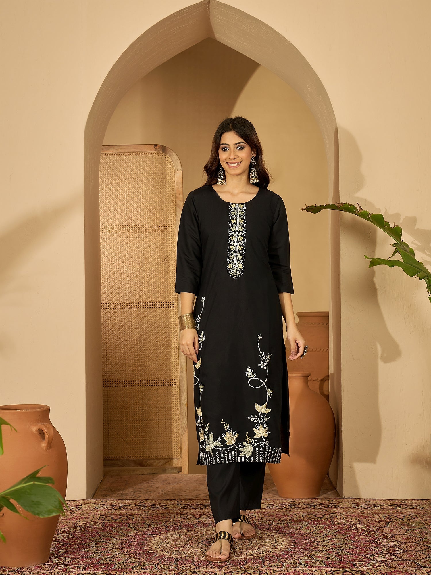 Joban Fashion Black Silk Embroidery Readymade Kurta Set - Distacart