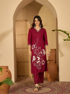 Joban Fashion Maroon Silk Embroidery Readymade Kurta Set - Distacart