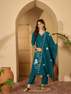 Joban Fashion Teal Silk Embroidery Readymade Kurta Set - Distacart