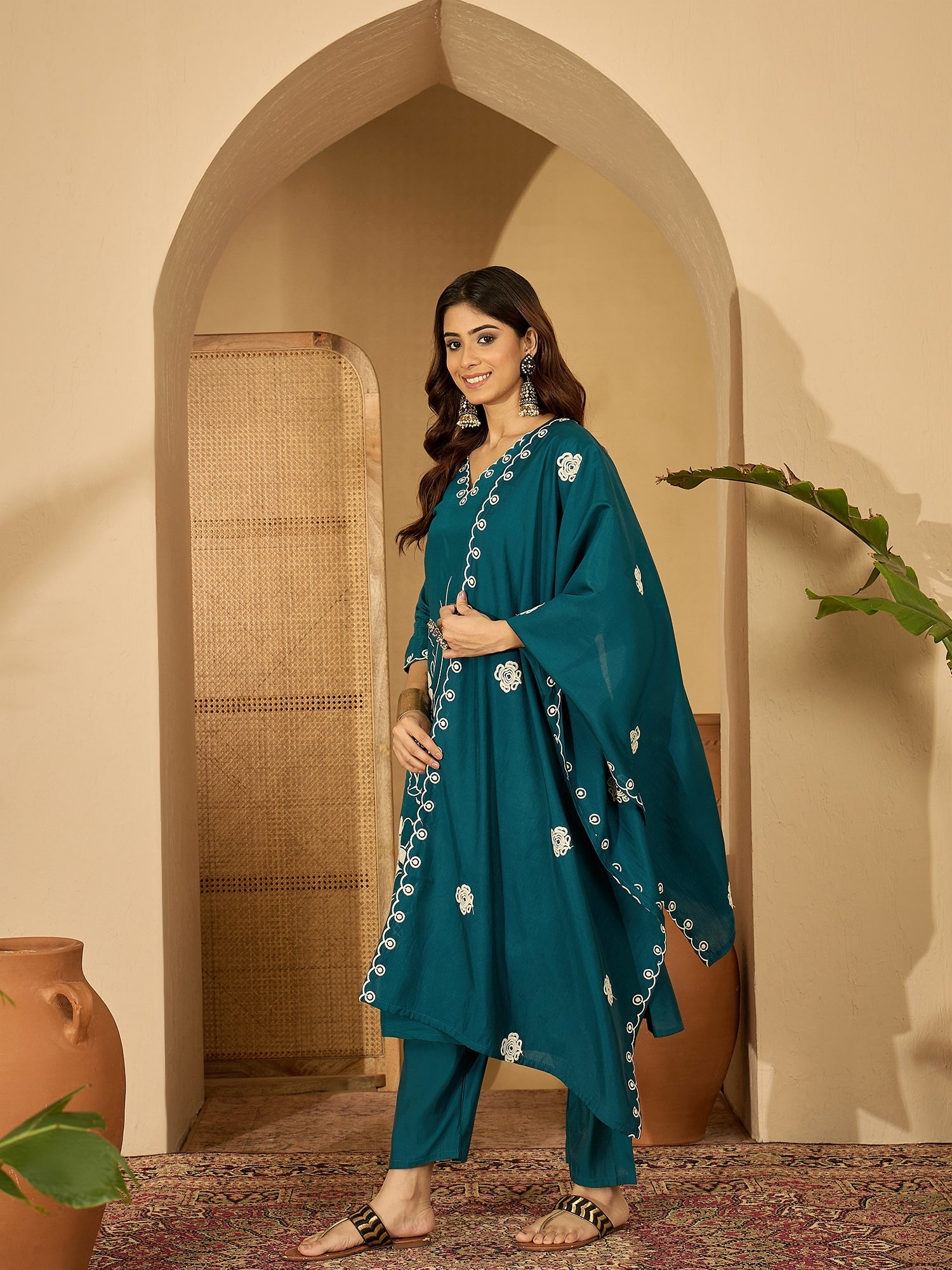 Joban Fashion Teal Silk Embroidery Readymade Kurta Set - Distacart