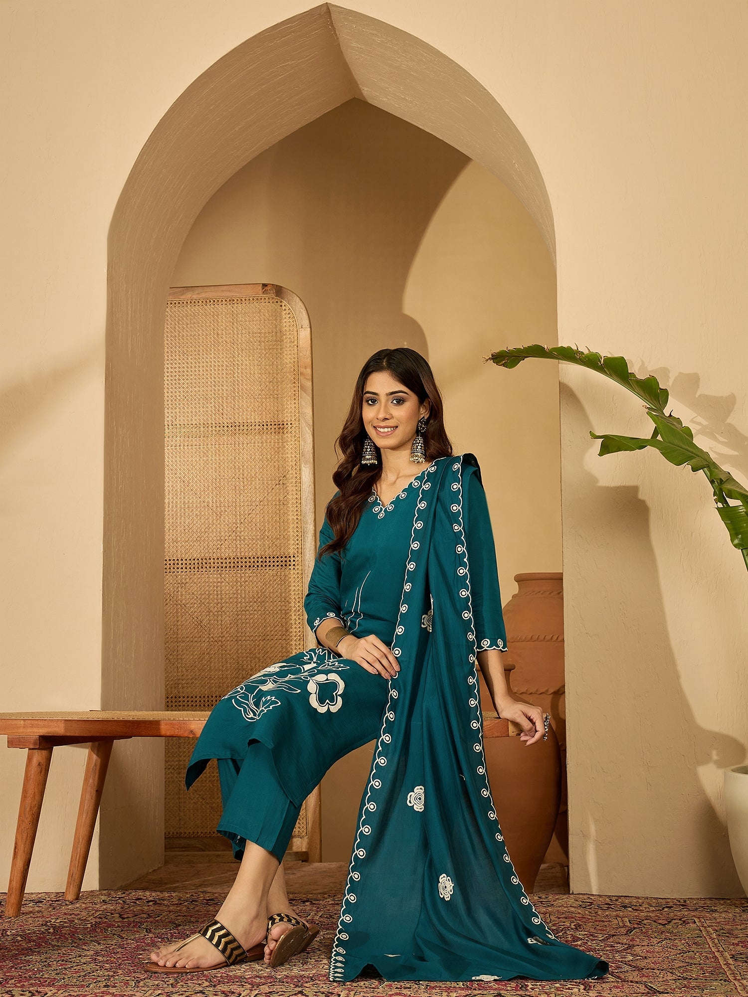 Joban Fashion Teal Silk Embroidery Readymade Kurta Set - Distacart