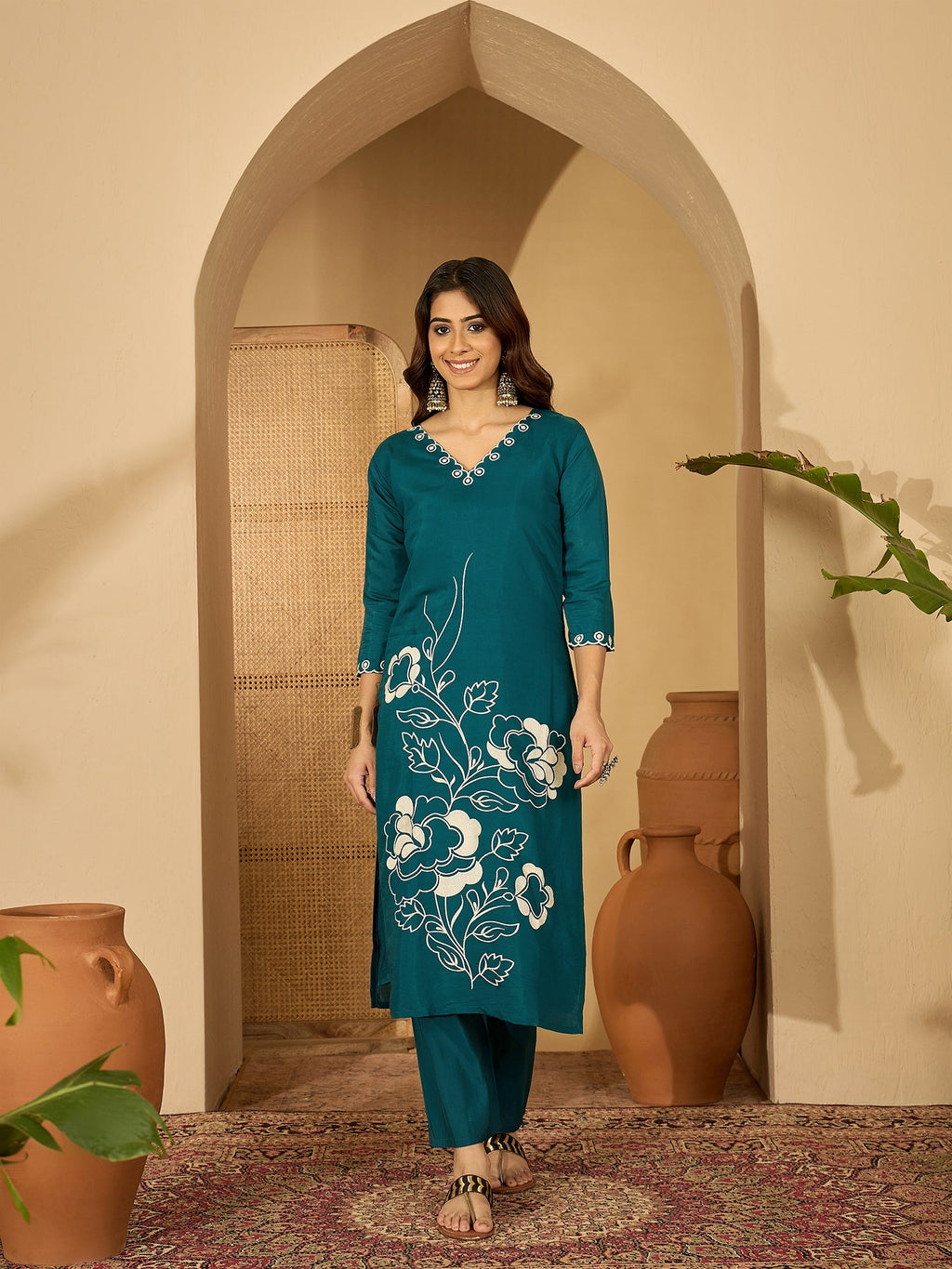 Joban Fashion Teal Silk Embroidery Readymade Kurta Set - Distacart