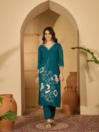 Joban Fashion Teal Silk Embroidery Readymade Kurta Set - Distacart