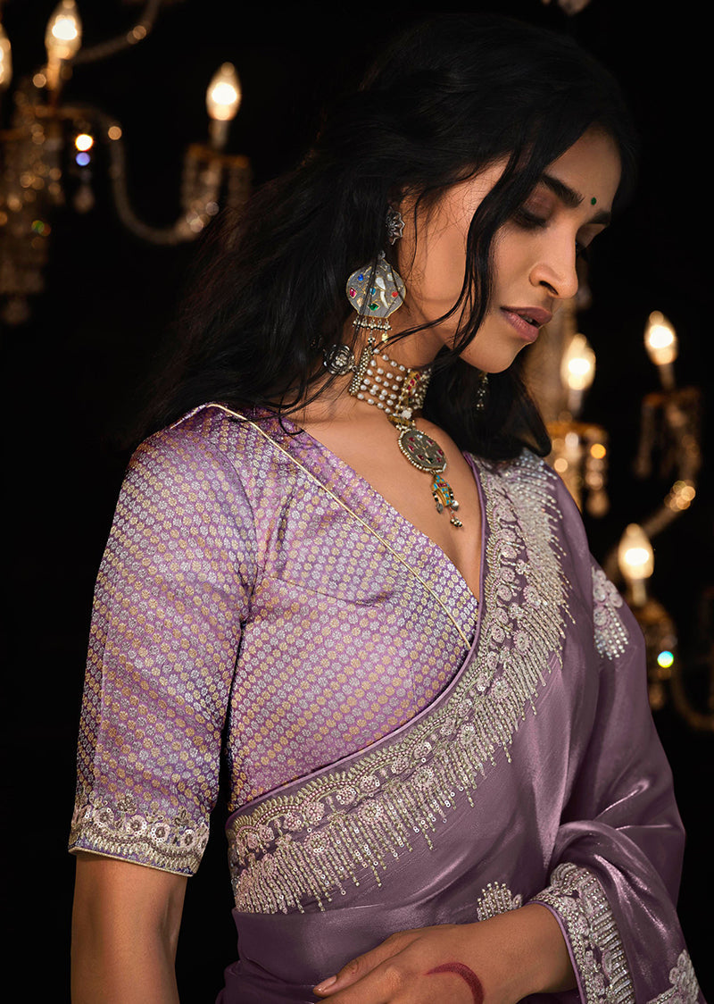 Monjolika Fashion Lilac Colour Tissue Silk Embroidered Saree - Distacart