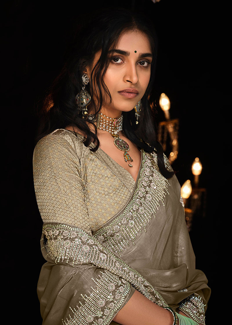 Monjolika Fashion Light Brown Colour Tissue Silk Embroidered Saree