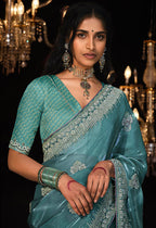 Monjolika Fashion Teal Blue Colour Tissue Silk Embroidered Saree