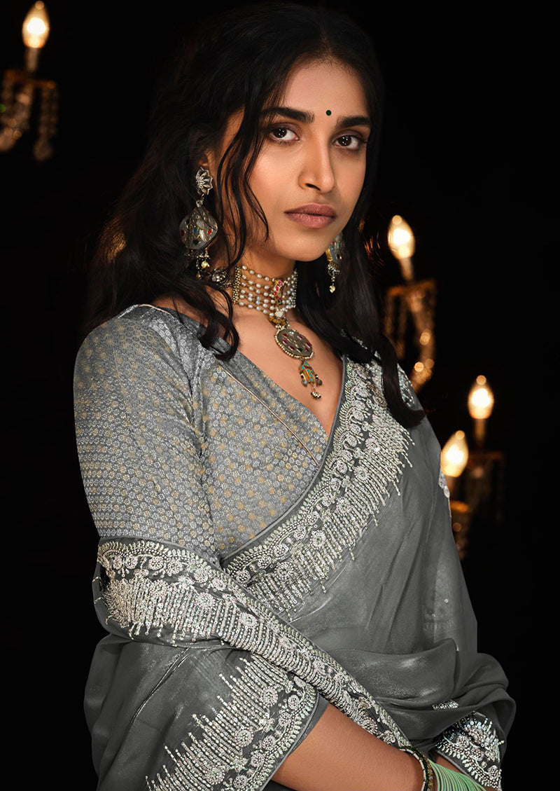 Monjolika Fashion Grey Colour Tissue Silk Embroidered Saree