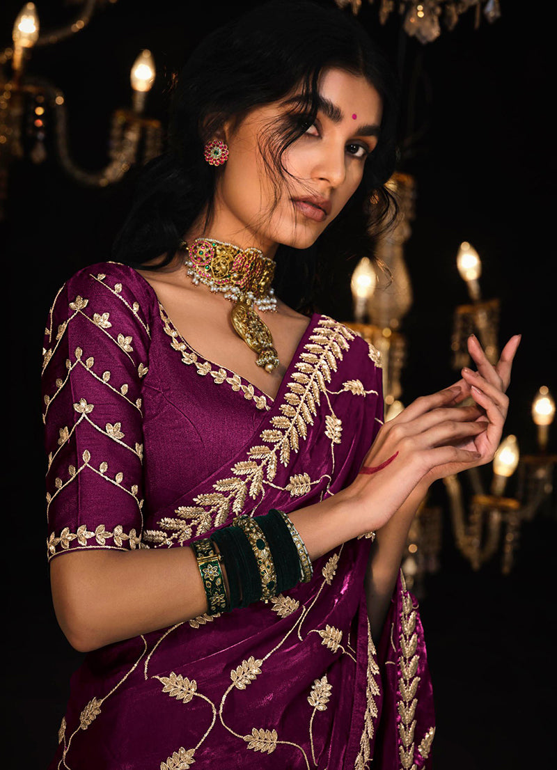 Monjolika Fashion Dark Purple Colour Tissue Silk Trendy Sarees For Women