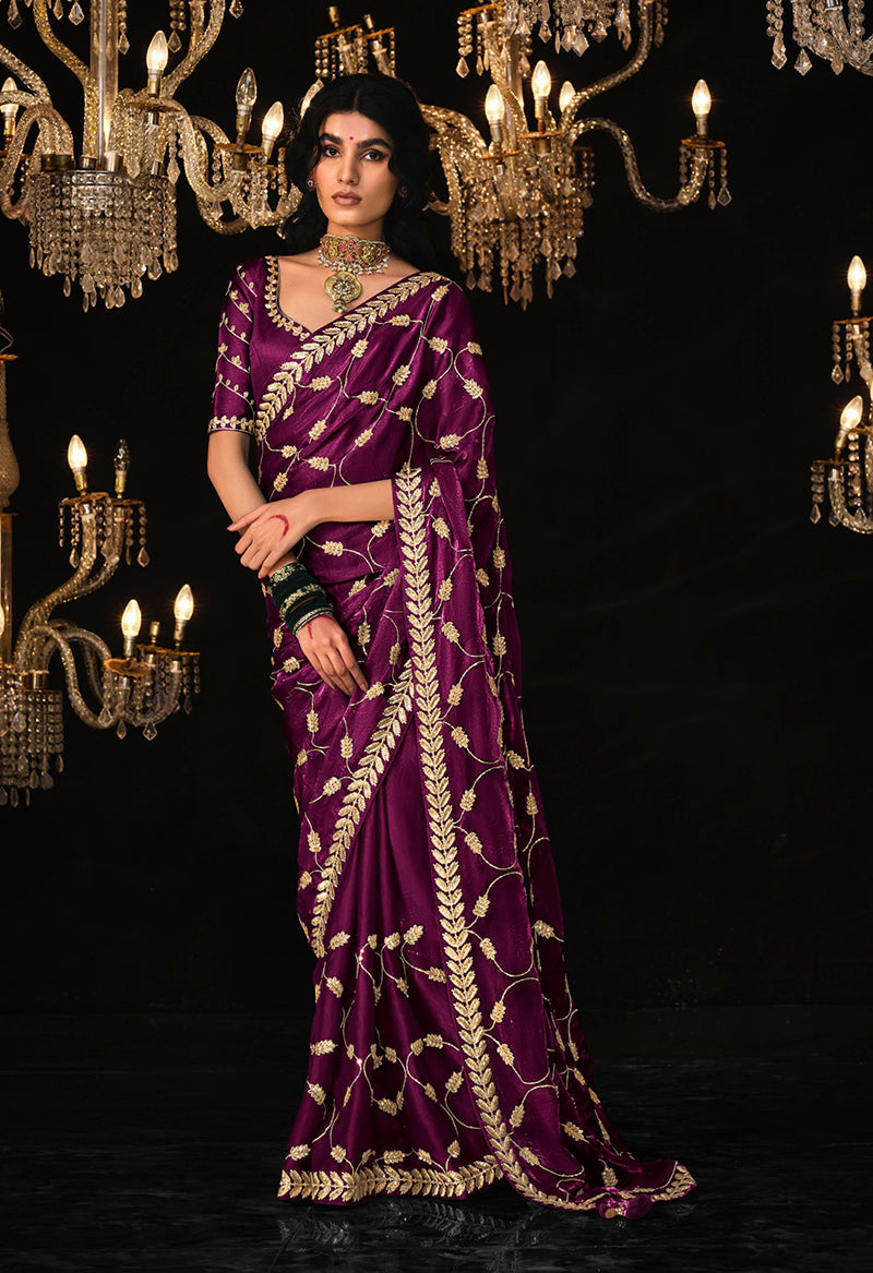 Monjolika Fashion Dark Purple Colour Tissue Silk Trendy Sarees For Women
