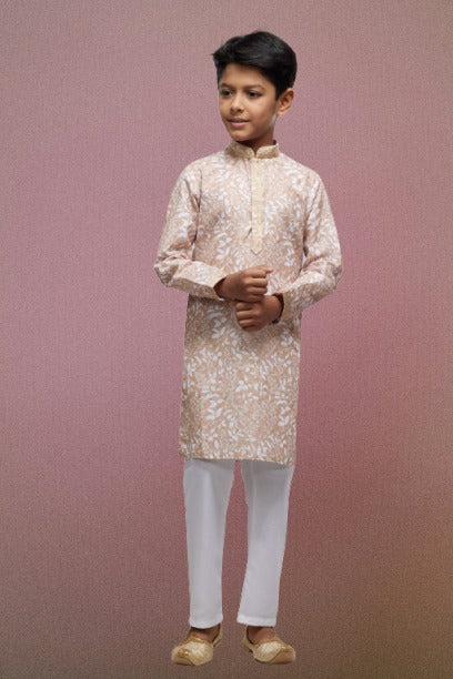 Raivat Ethnic Cotton Thread Work Kids Kurta Pajama In Peach Colour