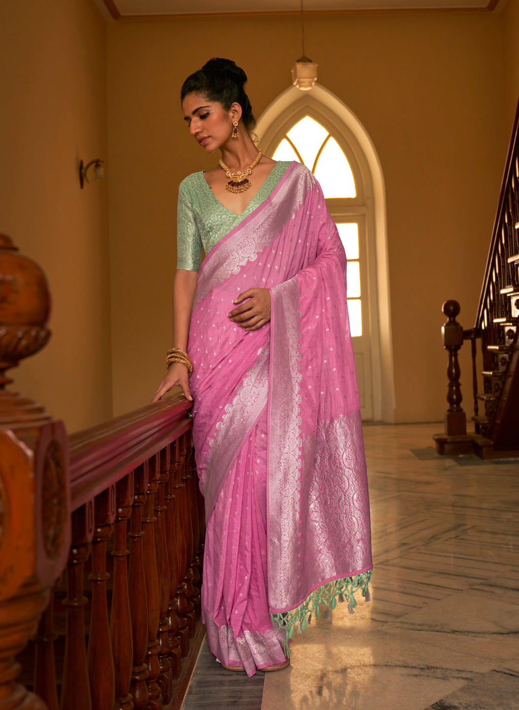 Monjolika Fashion Rose Pink Colour Weaving Nylon Silk Saree