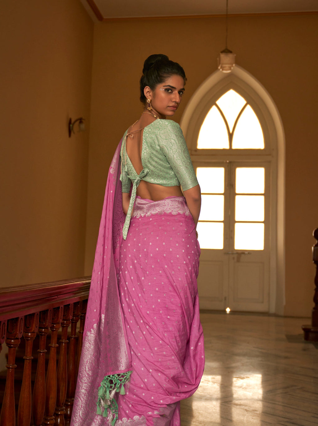 Monjolika Fashion Rose Pink Colour Weaving Nylon Silk Saree