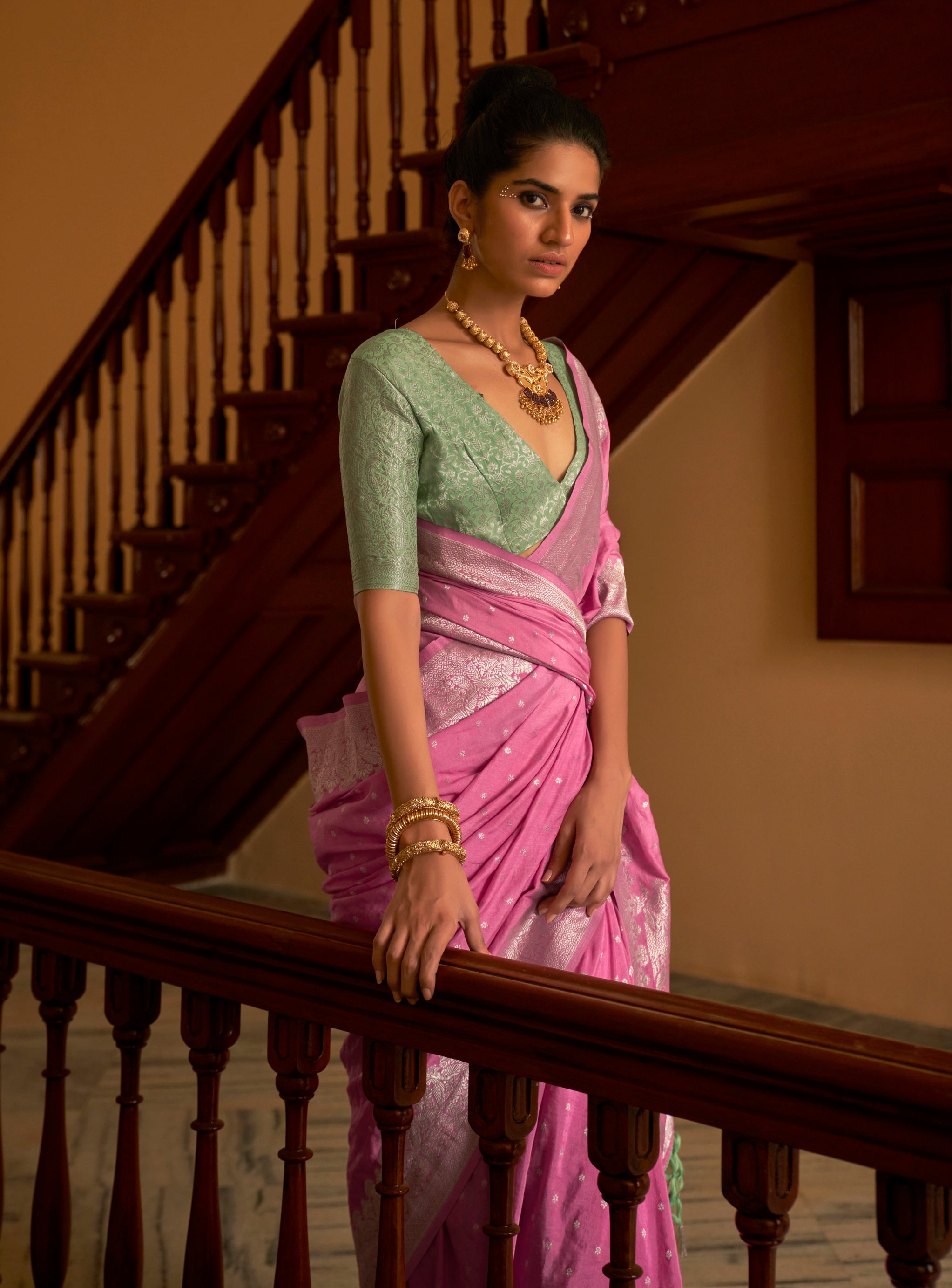Monjolika Fashion Rose Pink Colour Weaving Nylon Silk Saree