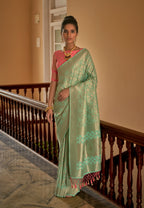 Monjolika Fashion Sea Green Colour Weaving Nylon Silk Saree