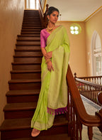 Monjolika Fashion Lime Colour Weaving Nylon Silk Saree