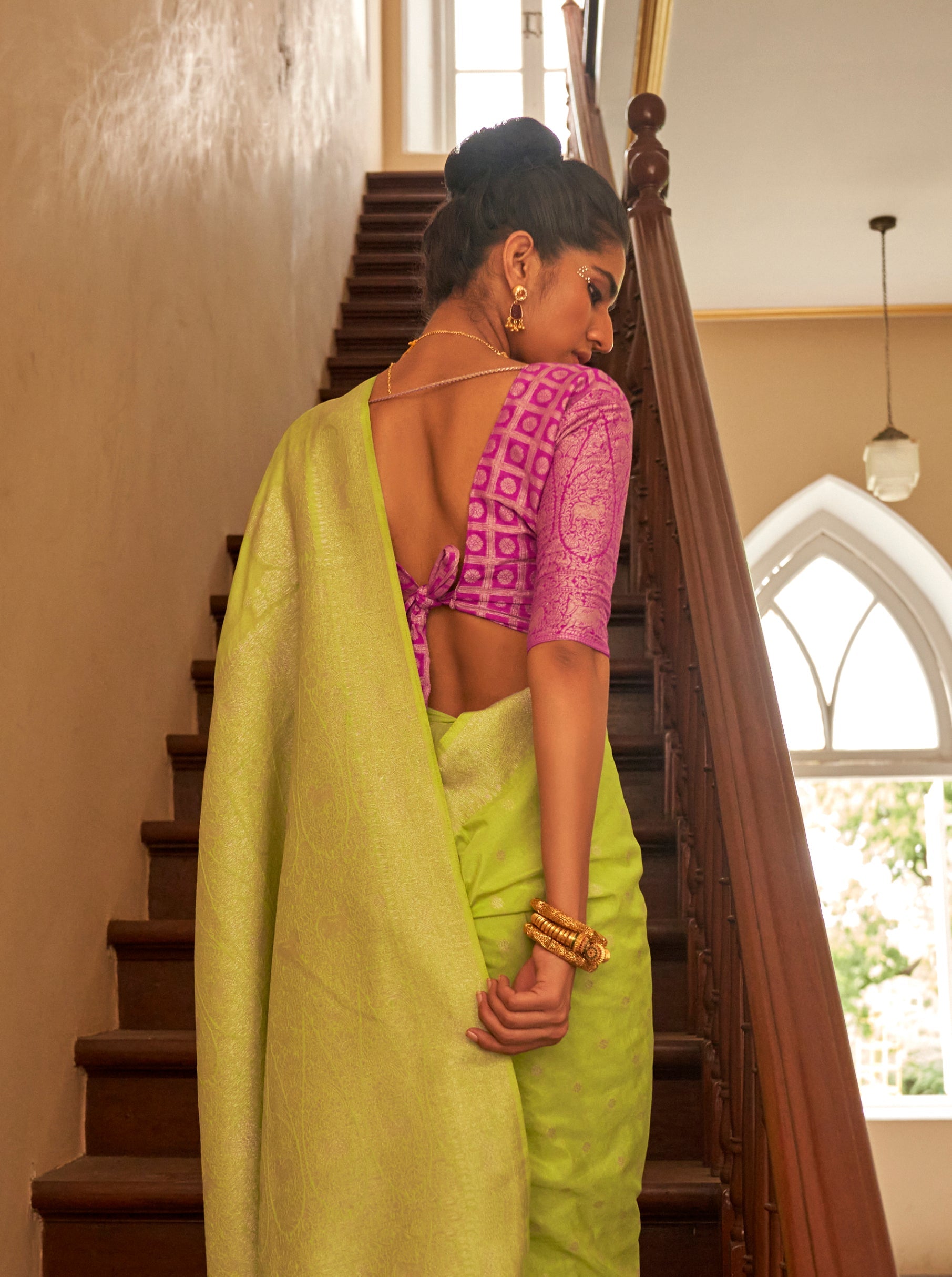 Monjolika Fashion Lime Colour Weaving Nylon Silk Saree