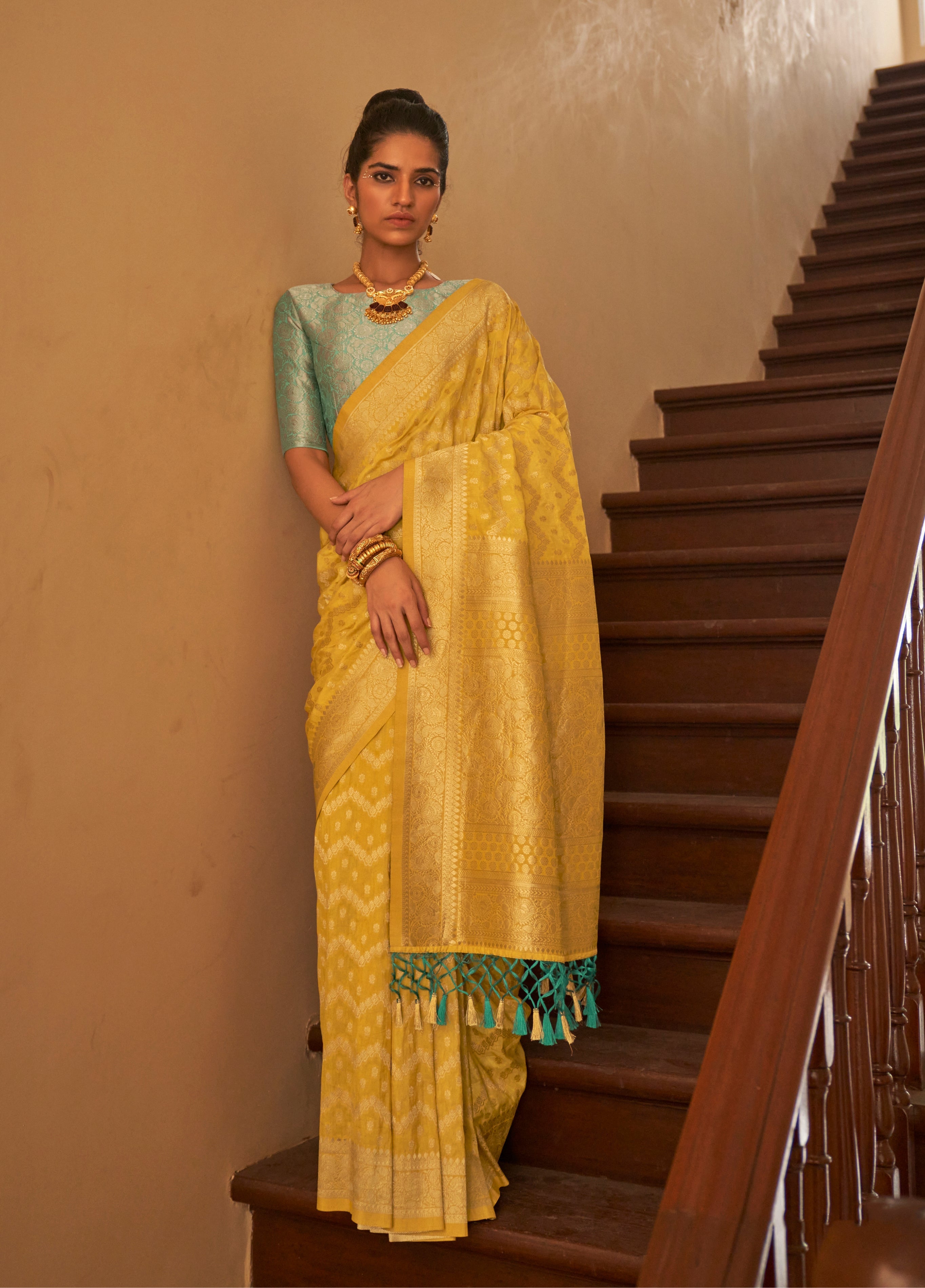 Monjolika Fashion Yellow Colour Weaving Nylon Silk Saree