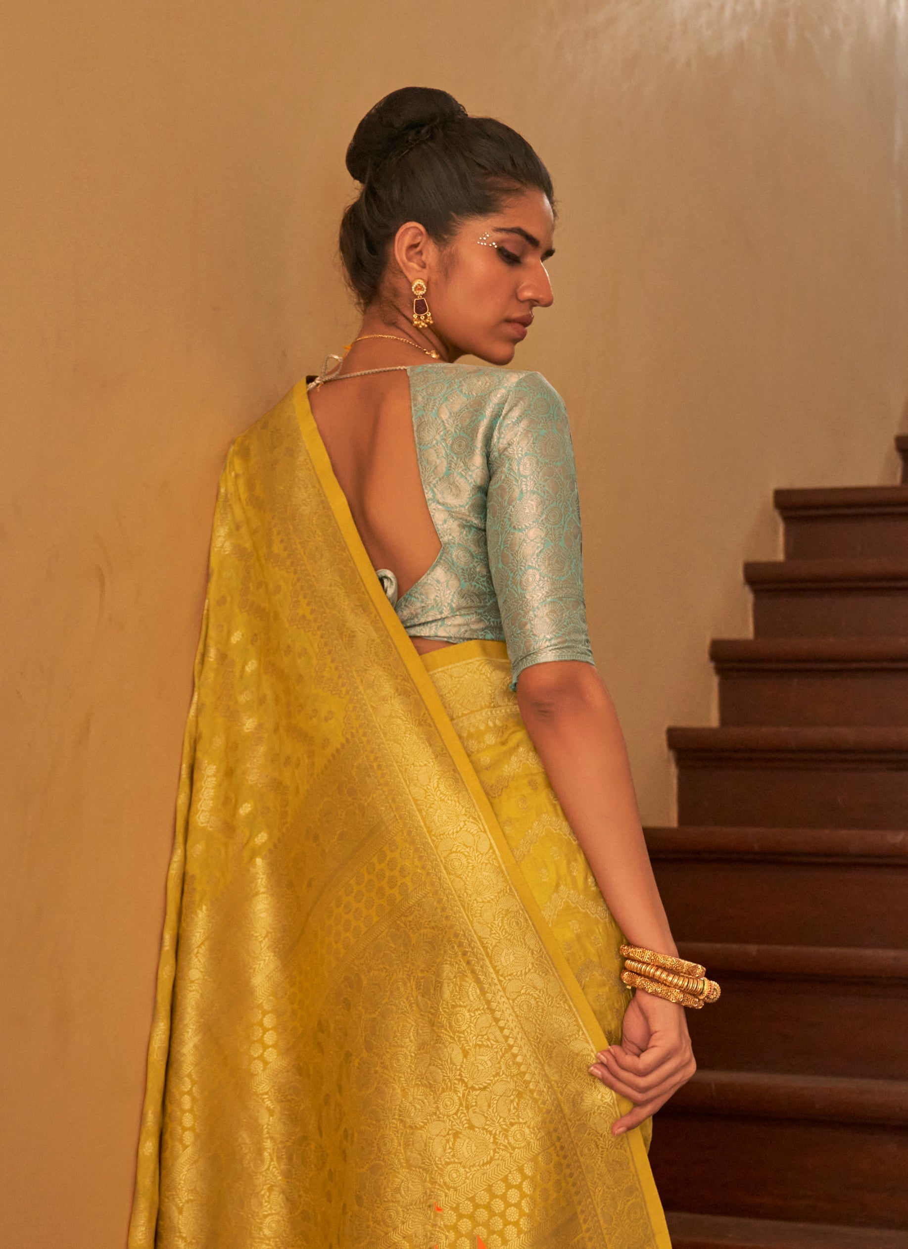 Monjolika Fashion Yellow Colour Weaving Nylon Silk Saree