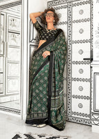 Monjolika Fashion Dark Green Colour Satin Crepe Printed Lightwear Sarees