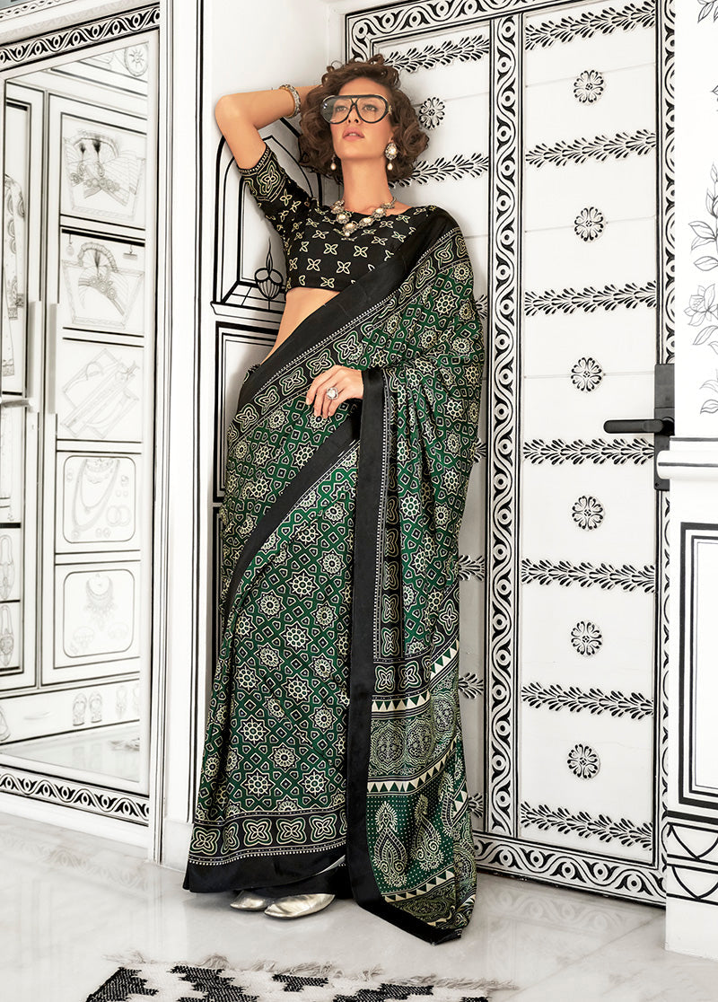 Monjolika Fashion Dark Green Colour Satin Crepe Printed Lightwear Sarees