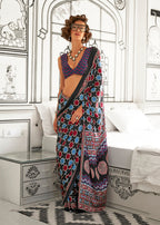 Monjolika Fashion Black Colour Satin Crepe Printed Lightwear Sarees - Distacart