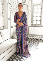 Monjolika Fashion Navy Blue Colour Satin Crepe Printed Lightwear Sarees