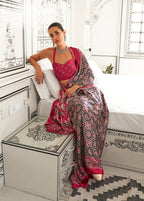 Monjolika Fashion Black & Maroon Colour Satin Crepe Printed Lightwear Sarees - Distacart