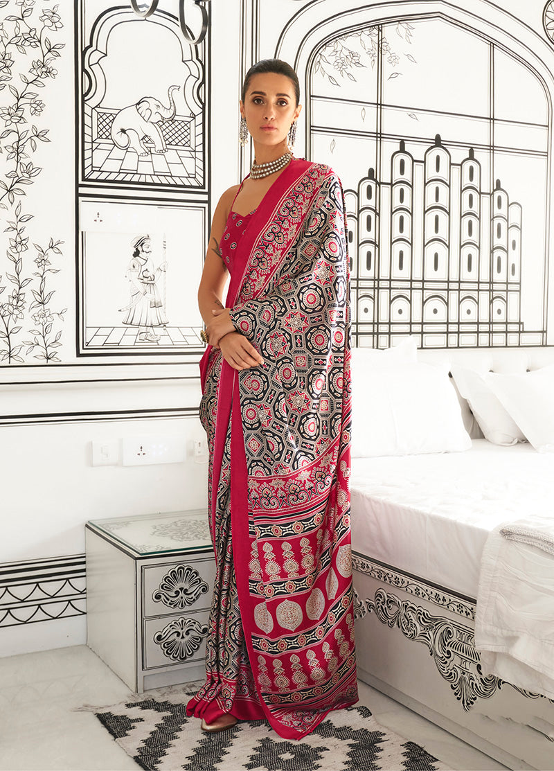 Monjolika Fashion Black & Maroon Colour Satin Crepe Printed Lightwear Sarees - Distacart