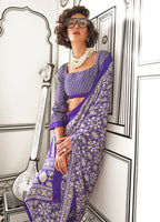 Monjolika Fashion Royal Blue Colour Satin Crepe Printed Lightwear Sarees - Distacart
