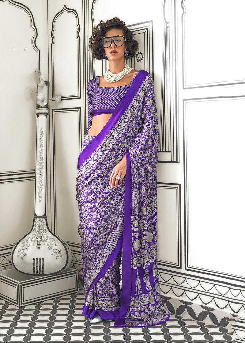 Monjolika Fashion Royal Blue Colour Satin Crepe Printed Lightwear Sarees - Distacart