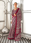 Monjolika Fashion Wine Colour Satin Crepe Printed Lightwear Sarees