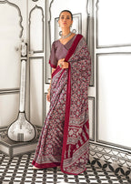 Monjolika Fashion Wine Colour Satin Crepe Printed Lightwear Sarees