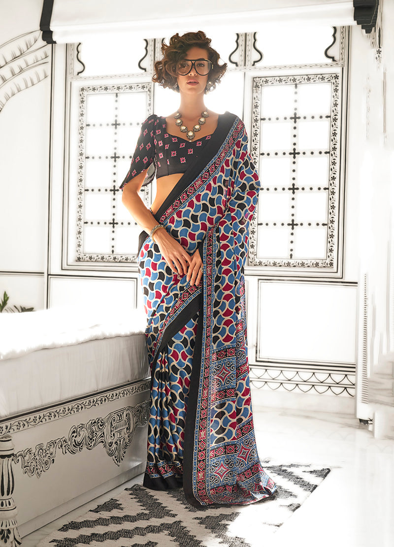 Monjolika Fashion Multi Colour Satin Crepe Printed Lightwear Sarees - Distacart