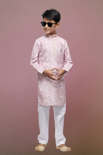 Raivat Ethnic Cotton Thread Work Kids Kurta Pajama In Pink Colour