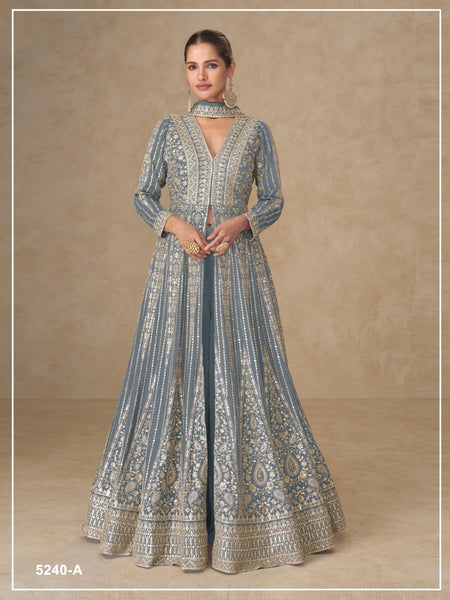 Anaita Grey Chinon Stitched Anarkali Suits With Embroidery & Sequence Work