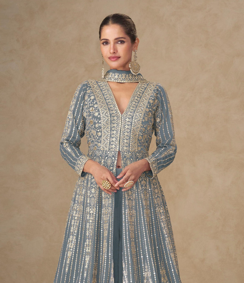 Anaita Grey Chinon Stitched Anarkali Suits With Embroidery & Sequence Work - Distacart