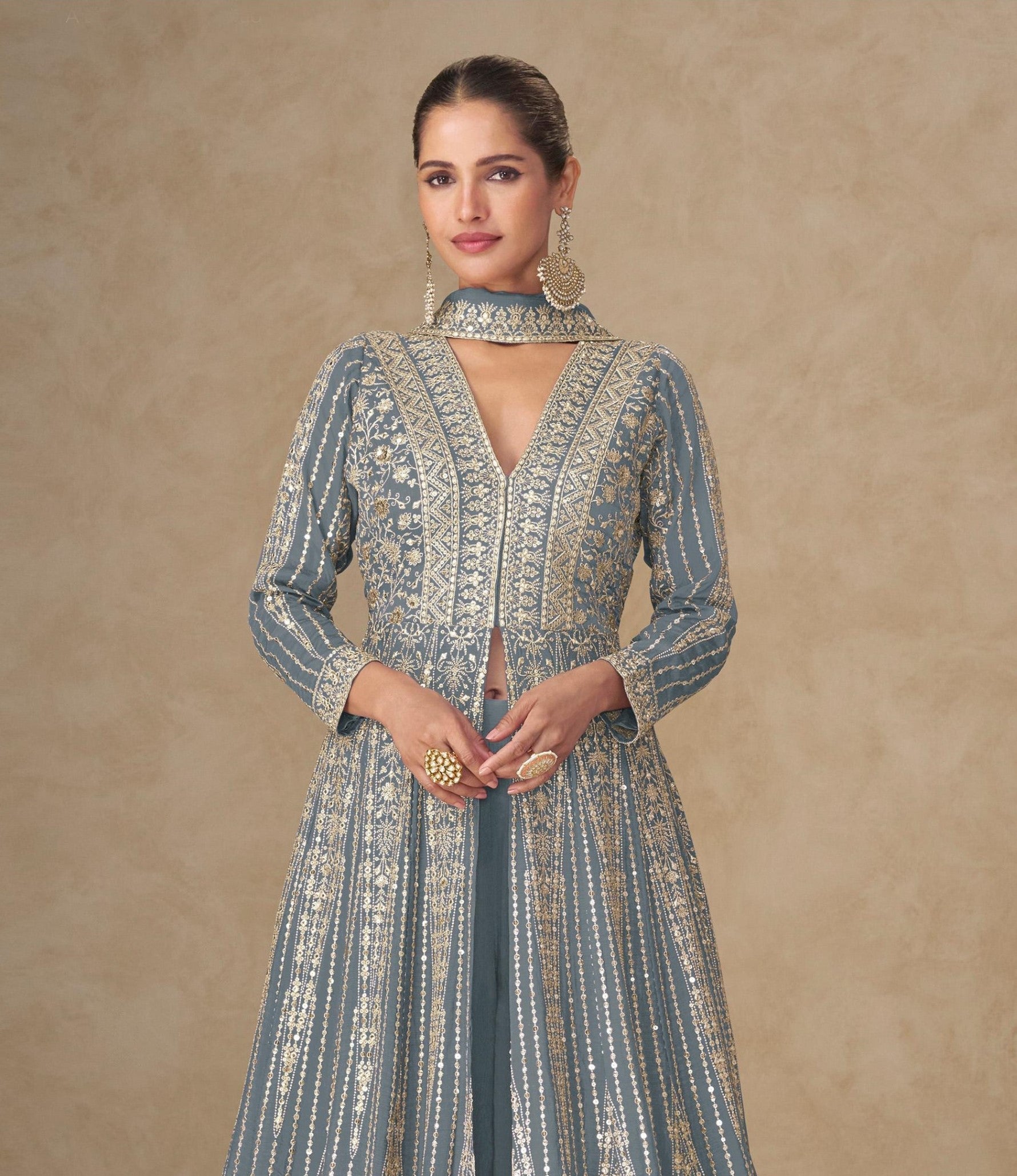 Anaita Grey Chinon Stitched Anarkali Suits With Embroidery & Sequence Work - Distacart
