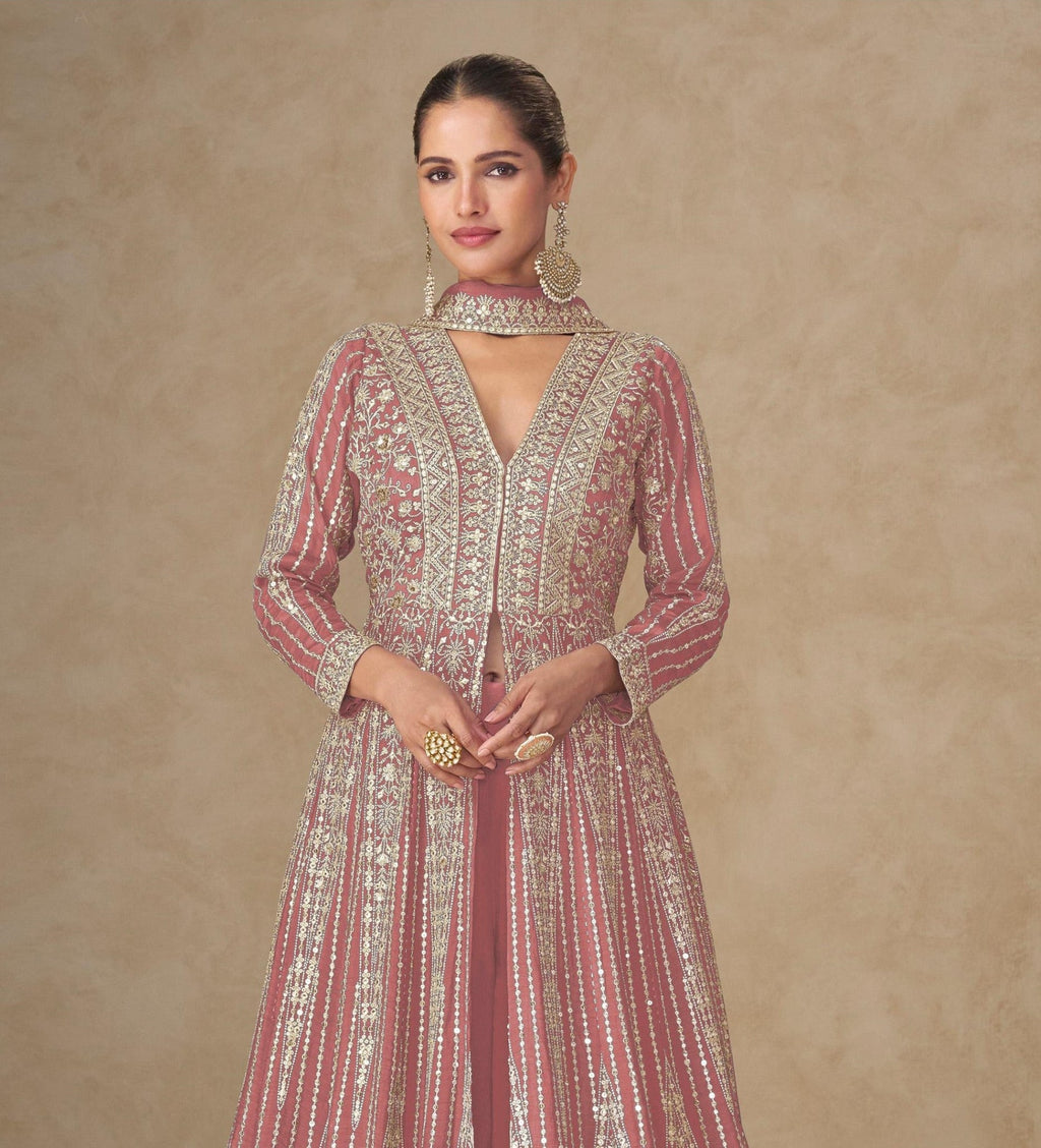 Anaita Peach Chinon Stitched Anarkali Suits With Embroidery & Sequence Work - Distacart
