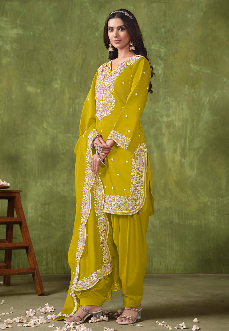 Monjolika Fashion Pear Color Embroidered Santoon Chanderi Silk Salwar Suit - Distacart