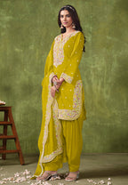 Monjolika Fashion Pear Color Embroidered Santoon Chanderi Silk Salwar Suit - Distacart